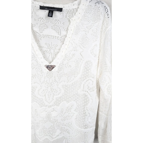 White House Black Market WHBM White Crochet Sheer Top Embellished Size M - Picture 5 of 10